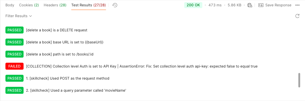 Screenshot of the Assertion Error in Postman
