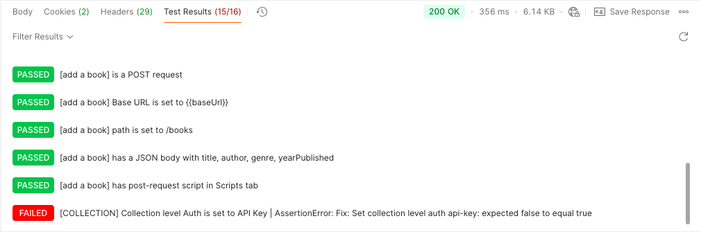 Screenshot of the Assertion Error in Postman